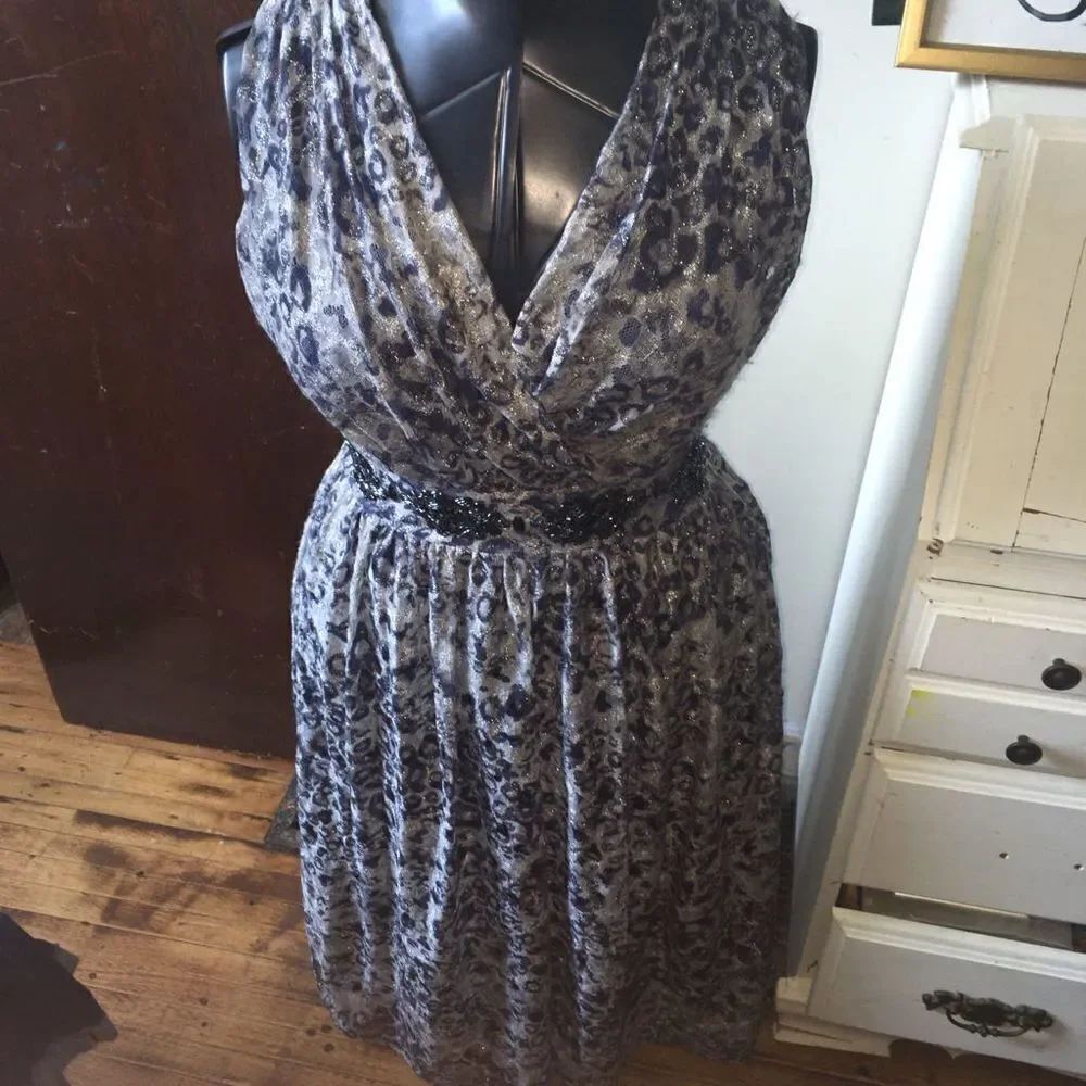 Reba blue cheetah v-neck beaded waist size 4 maxi dress